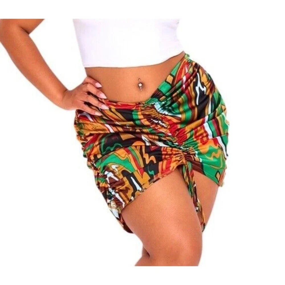 PrettyLittleThing Multi Abstract Print Ruched Front Skirt Women's Size 12 US New